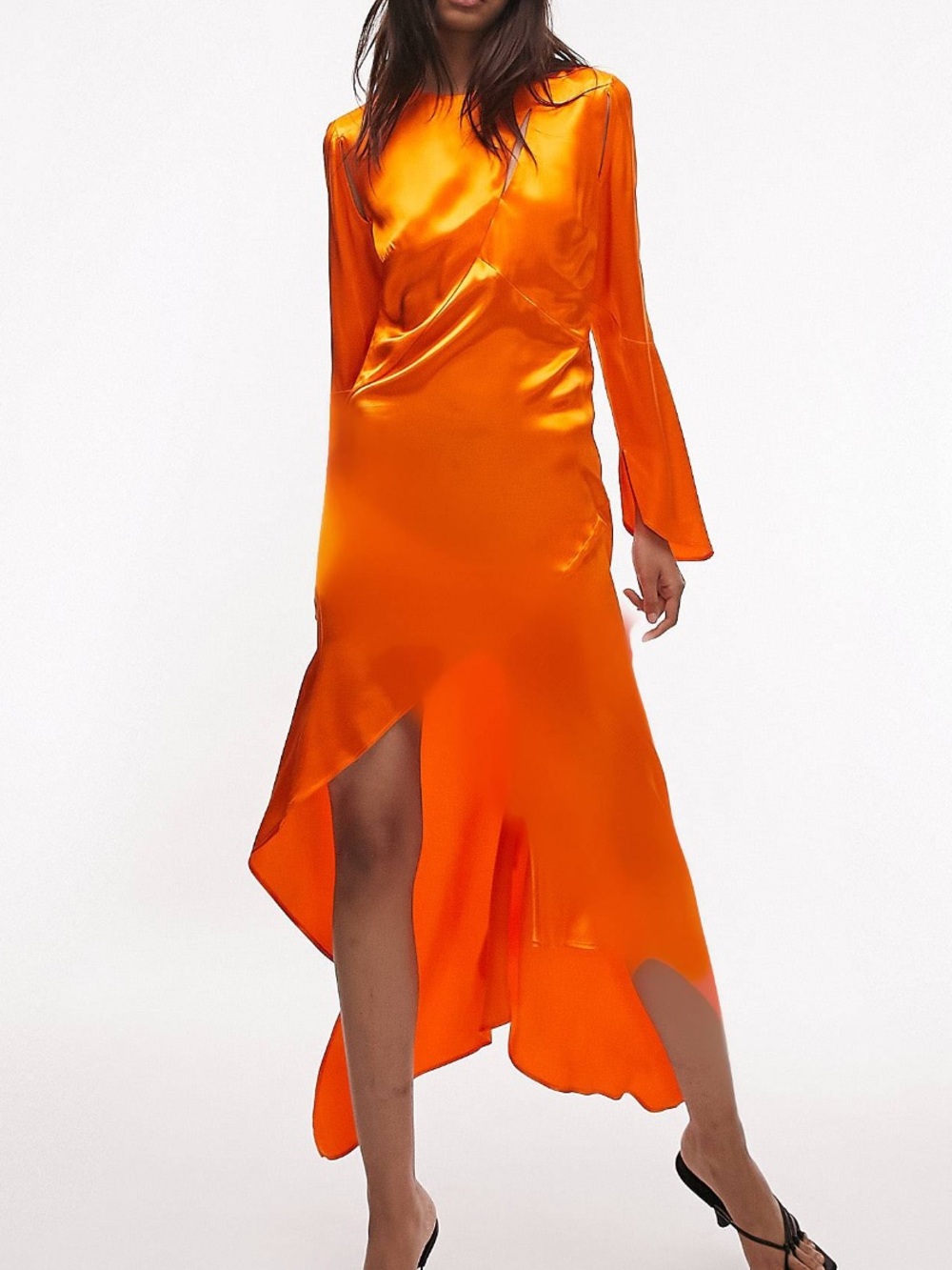 Orange Satin Asymmetric Midi Dress